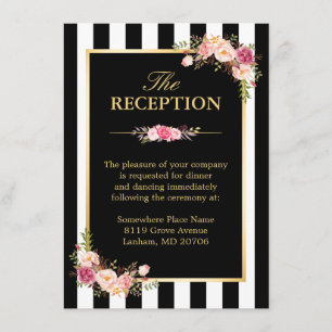 Cartão De Informações Recepção de Casamento Floral Dourado Preto Branco