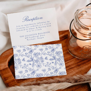 Cartão De Informações Recepção de Casamento Floral Elegante em Azul e Ch