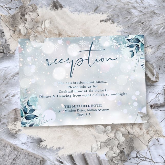 Cartão De Informações Recepção de Casamento Floral Rústico de Flocos de  (Winter Snowflakes Rustic Floral Wedding Reception Enclosure Card)