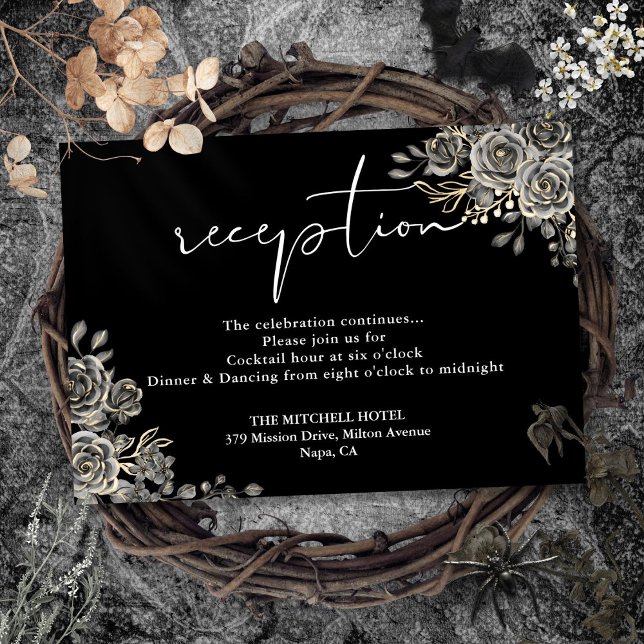 Cartão De Informações Recepção de Casamento Gótico Preto e Branco (Black And White Gothic Wedding Reception Enclosure Card)