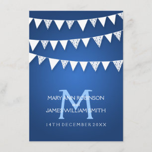 Cartão De Informações Recepção de Casamento Love Bunting Monograma Azul