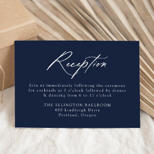 Cartão De Informações Recepção de Casamento Navy com Caligrafia Elegante