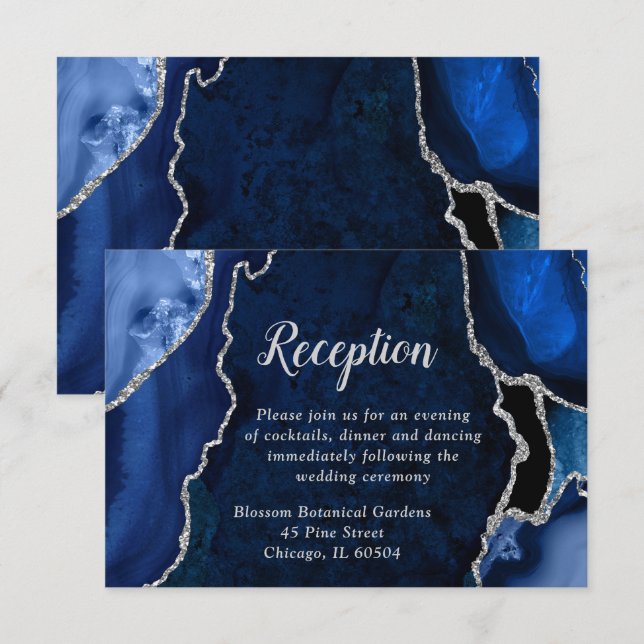 Cartão De Informações Recepção de Casamento Navy e Silver Agate (Frente/Verso)