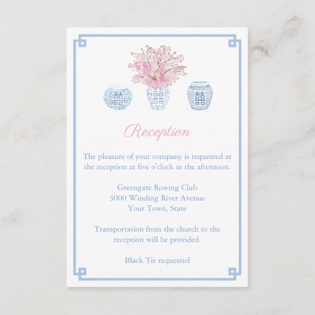Cartão De Informações Recepção de Casamento Pink And Blue Chinoiserie (Frente)