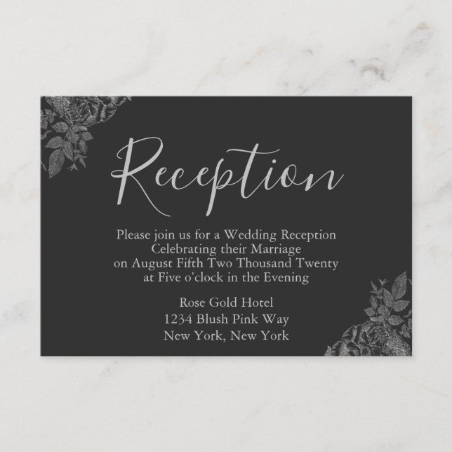 Cartão De Informações Recepção de Casamento Prata e Preto (Frente)