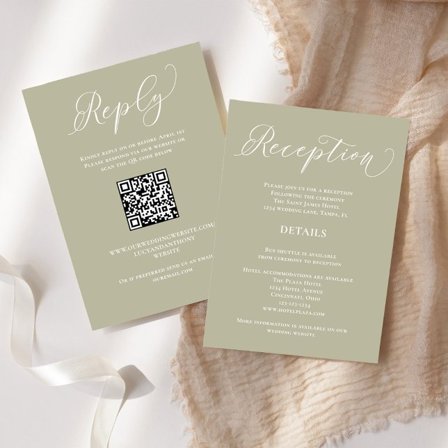 Cartão De Informações Recepção de casamento QR Code RSVP Sage Green (Wedding reception, RSVP, and details all in one with a scannable QR code template. )