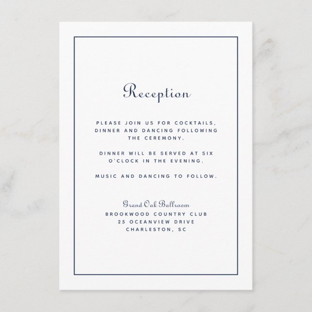 Cartão De Informações Recepção de Casamento Roteiro Elegante Clássico Az (Frente)