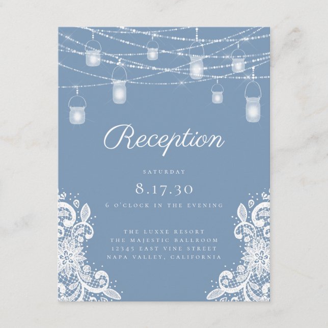 Cartão De Informações Recepção de casamento Rustic Dusty Blue Lights (Frente)