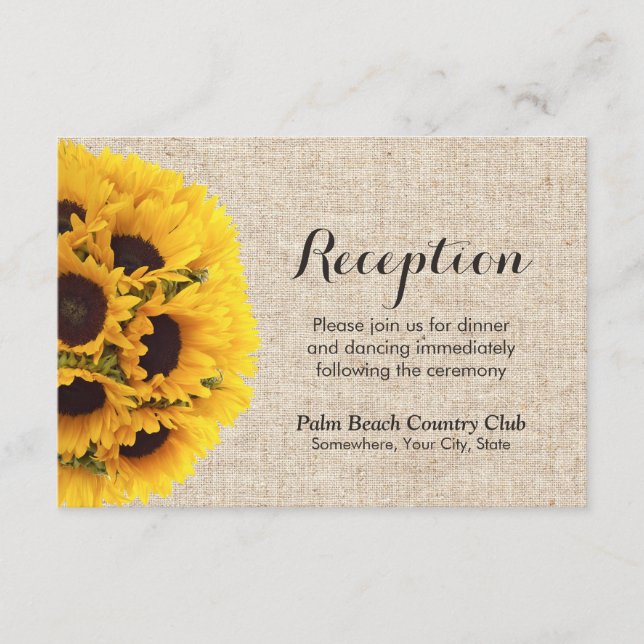 Cartão De Informações Recepção de Casamento Rústico com Girassóis e Bure (Frente)