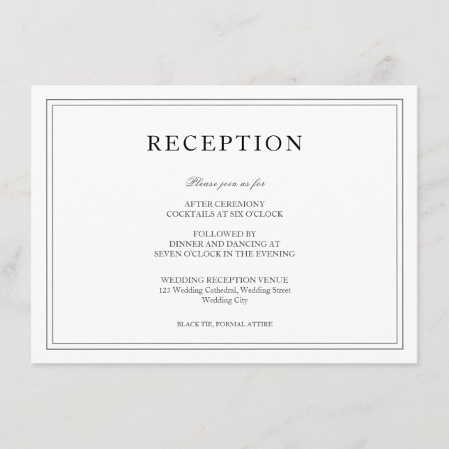 Cartão De Informações Recepção de casamento Simples Preta e Branco Elega (Frente)
