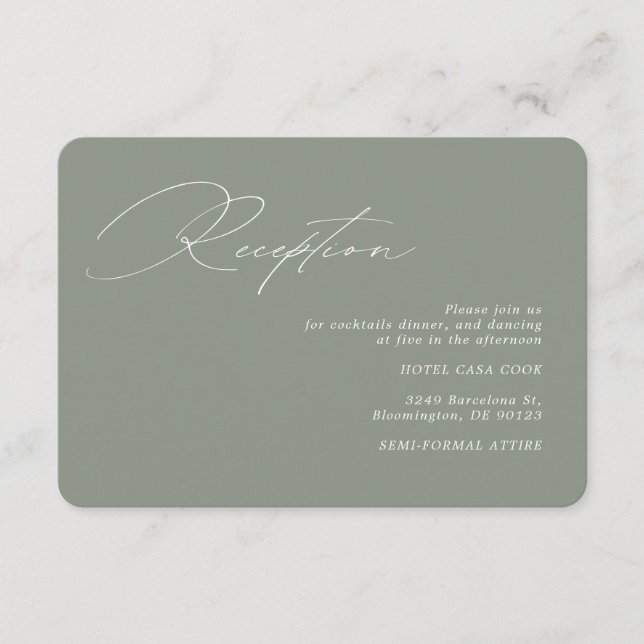 Cartão De Informações Recepção de casamento Verde da Caligrafia Moderna (Frente)