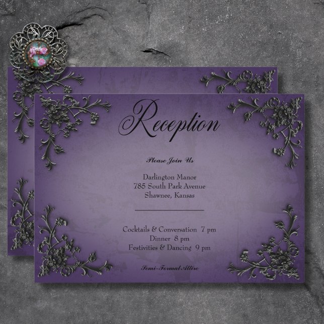 Cartão De Informações Recepção de Coração com Filigrana Preta e Roxa Gót (Gothic Black & Purple Filigree Heart Reception Enclosure Card)