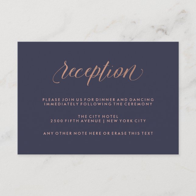 Cartão De Informações Recepção de Noivado Azul Meia-Noite e Rosa Dourado (Frente)