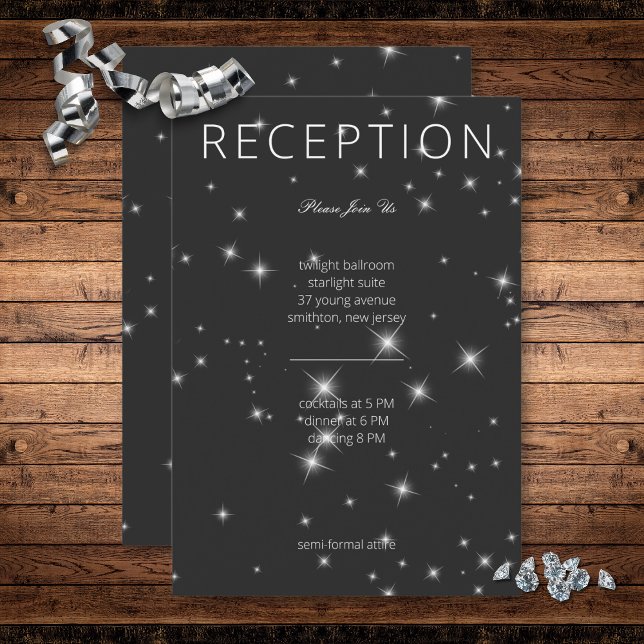 Cartão De Informações Recepção de Sparkle de inverno preto de carvão mod (Modern Charcoal Black Winter Sparkle Wedding Reception Card)