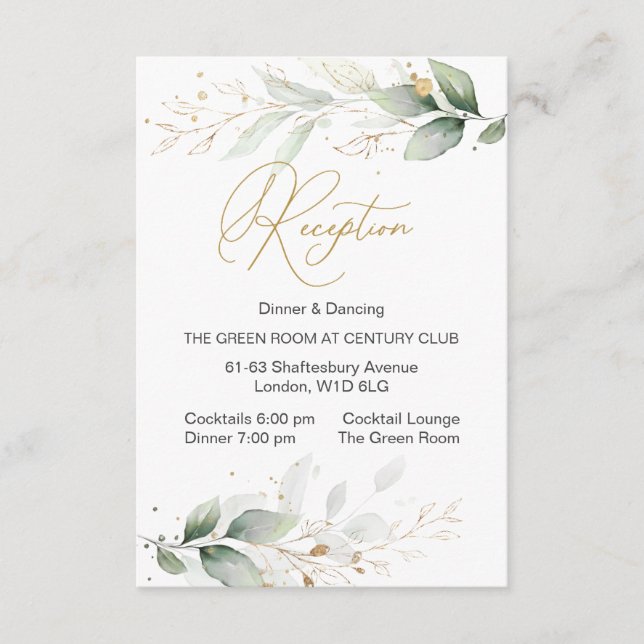 Cartão De Informações Recepção em aquarela verde e folhagem dourada (Frente)