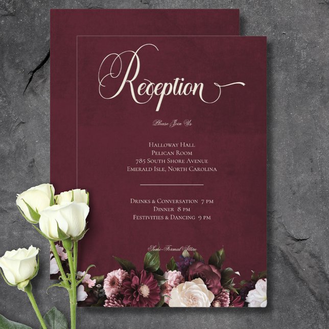 Cartão De Informações Recepção Floral do Creme Borgonha Escuro Elegante (Dark Elegant Burgundy Cream Floral Reception Enclosure Card)