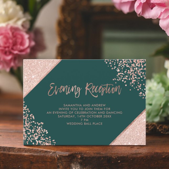 Cartão De Informações recepção noturna de guiões verdes com rosa dourado (Rose gold glitter green script evening reception enclosure card)