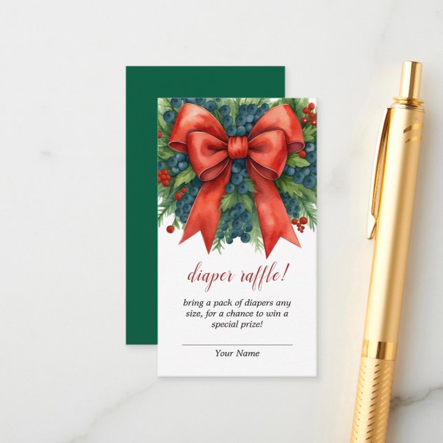 Cartão De Informações Red Bow Christmas Baby Shower Diaper Raffle (Frente/Verso In Situ)