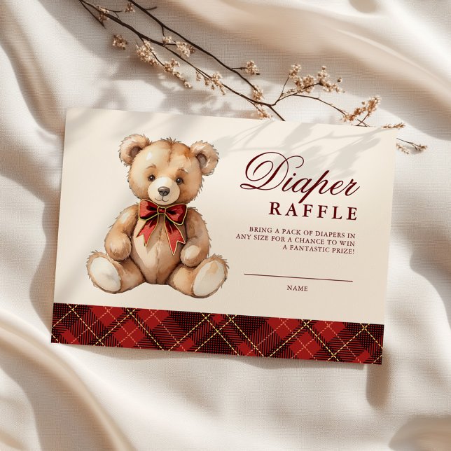 Cartão De Informações Red Plaid Bear Baby Shower Diaper Raffle (Criador carregado)