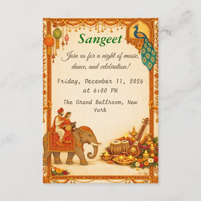 Cartão De Informações Regal Indian Wedding Sangeet Details Card (Frente)