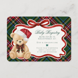 Cartão De Informações Registro de Bebê Urso de Natal em Xadrez Verde Tar