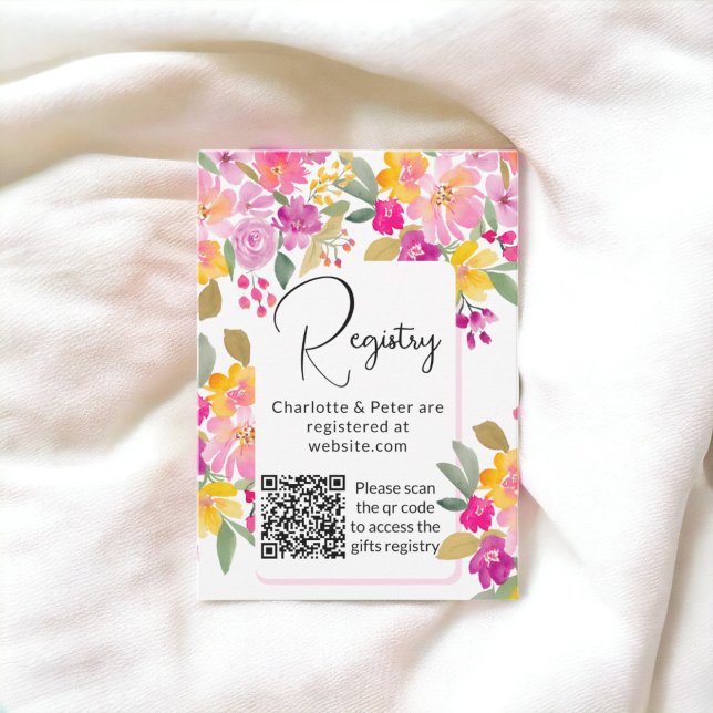 Cartão De Informações Registro de casamento em aquarela floral brilhante (Garden bright floral watercolor bridal registry qr enclosure card)