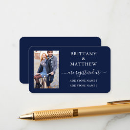 Cartão De Informações Registro de Casamento Foto Caligrafia Moderna Azul