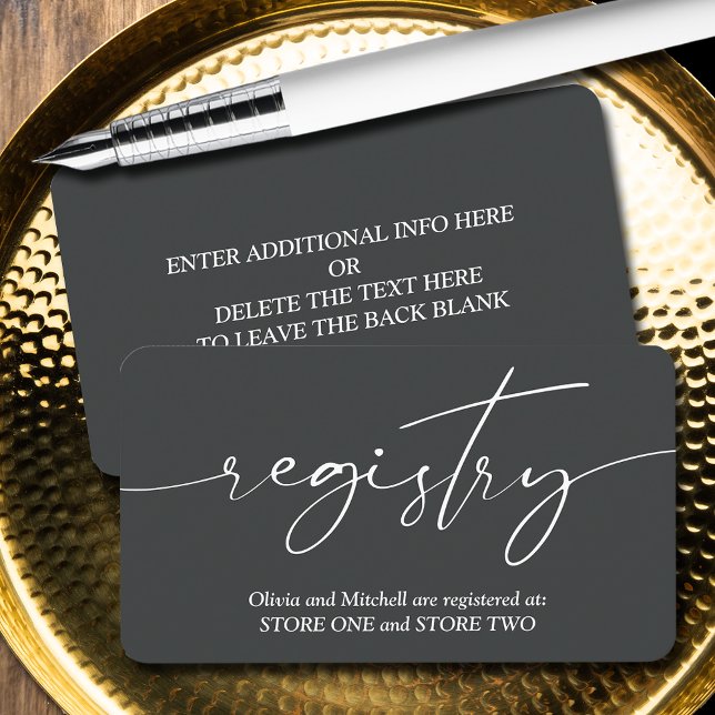 Cartão De Informações Registro de Casamento Simples Onyx (Simple handwritten script wedding registry enclosure cards - Off Black, more info on the back)