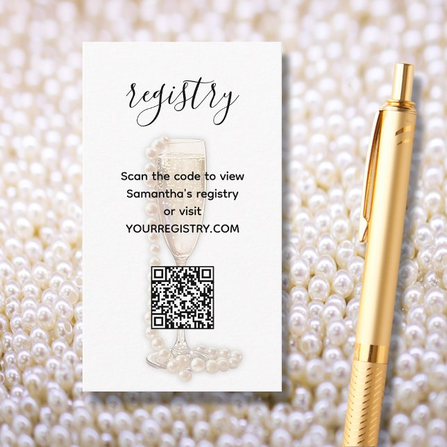 Cartão De Informações Registro de Chuveiro de Noiva Pérolas & Prosecco (Pearls & Prosecco Bridal Shower Registry QR Code Enclosure Cards)