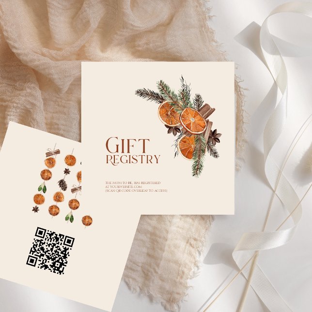 Cartão De Informações Registro de Ofertas de Chás de fraldas Secos de La (Dried Orange & Cinnamon Baby Shower Gift Registry Enclosure Card)