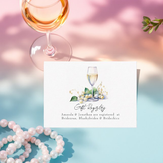 Cartão De Informações Registro de Presentes de Noiva Pérolas e Prosecco (Pearls and Prosecco Bridal Shower Gift Registry Enclosure Card)