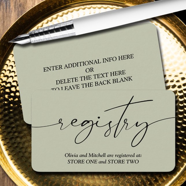 Cartão De Informações Registro Moderno Contemporâneo de Casamentos (Handwritten script wedding registry enclosure cards - Sage Green, more info on back)