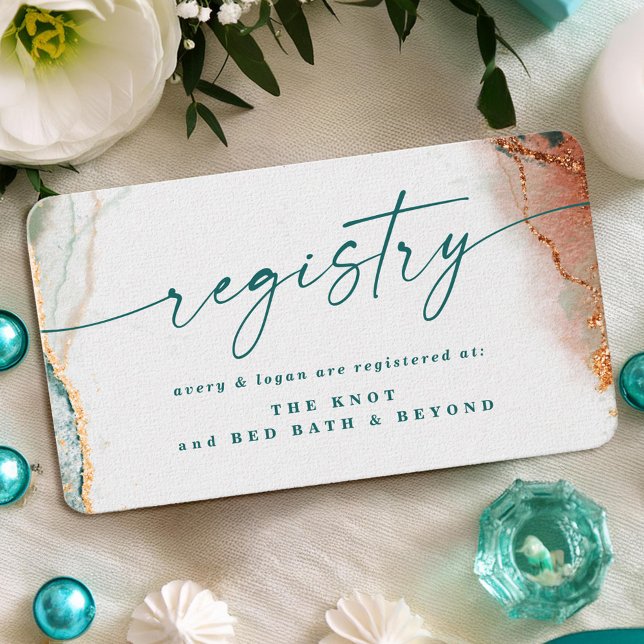 Cartão De Informações Registro Moderno de Casamento de Abstrato Teal e C (Elegant Teal and Copper Wedding Registry Enclosure Cards)