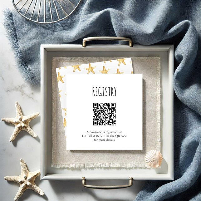 Cartão De Informações Registro Starfish (Baby shower registry card with QR code features watercolor orange starfish by Victoria Grigaliunas)