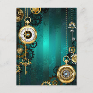 Cartão De Informações Relógio de Joia Steampunk em um Fundo Verde