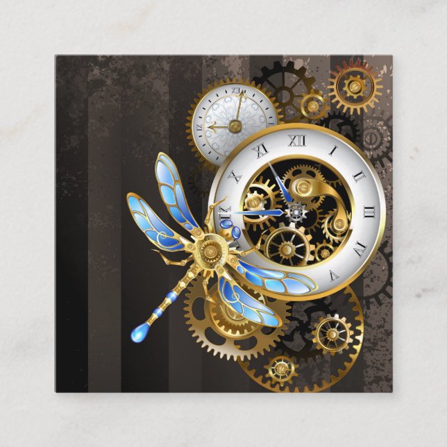 Cartão De Informações Relógio Steampunk com Libélula Mecânica (Frente)