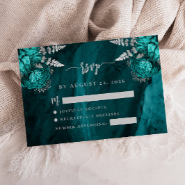 Cartão De Informações Resposta de Casamento Floral Azul Teal Prata Scrip