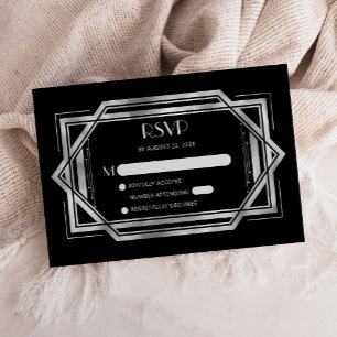 Cartão De Informações Resposta de Casamento Preto Prata Deco Vintage dos