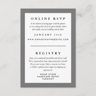 Cartão De Informações Resposta de Casamento Quadro Cinza RSVP e Registro