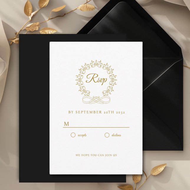 Cartão De Informações Resposta de Casamento Real, Elegante (Royal, Elegant, Classic, Crest, Wedding Invitation Wedding RSVP. White and Gold-Beige.)