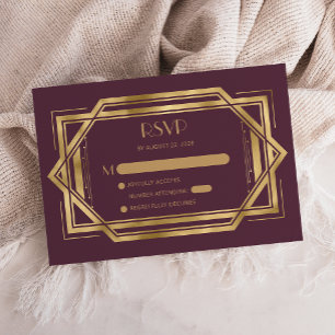 Cartão De Informações Resposta de Casamento Vermelho Burgundy Dourado De