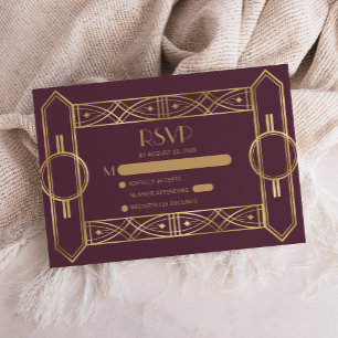Cartão De Informações Resposta de Casamento Vintage 1920s Deco Borgonha