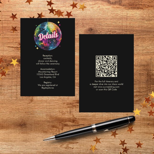 Cartão De Informações Retro 70's Party Disco Ball Sparkle Glam Wedding  (Flat lay country music retro vibes wedding groovy musical night glamour QR Code Details Card)