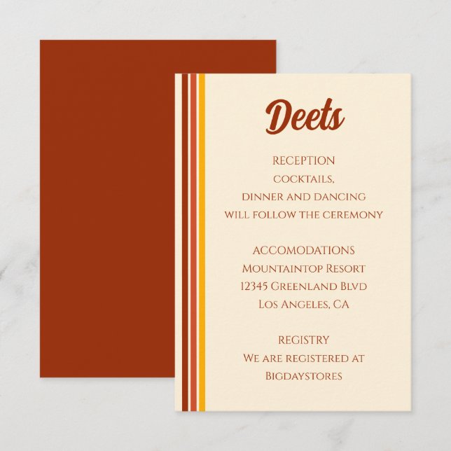 Cartão De Informações Retro 70s Rainbow Groovy Terracotta Orange Wedding (Frente/Verso)