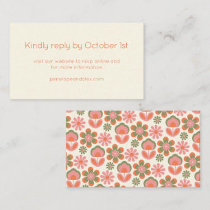 Cartão De Informações Retro Boho 70s Flores Rosa Casamento Verde RSVP