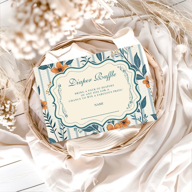 Cartão De Informações Retro Botanical Tile Baby Shower Diapper Raffle (Criador carregado)
