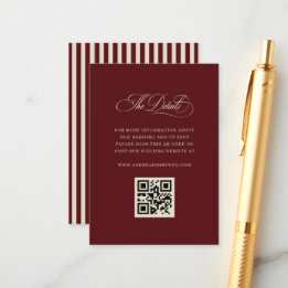 Cartão De Informações Retro Burgundy Stripes QR Code Wedding Details