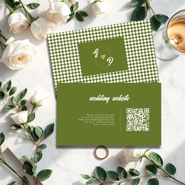 Cartão De Informações Retro Olive green QR code Checkered Wedding (Criador carregado)