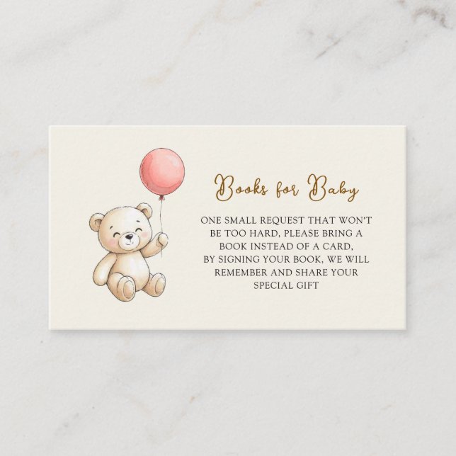 Cartão De Informações Retro Teddy Bear pink Baby Shower Book Request (Frente)