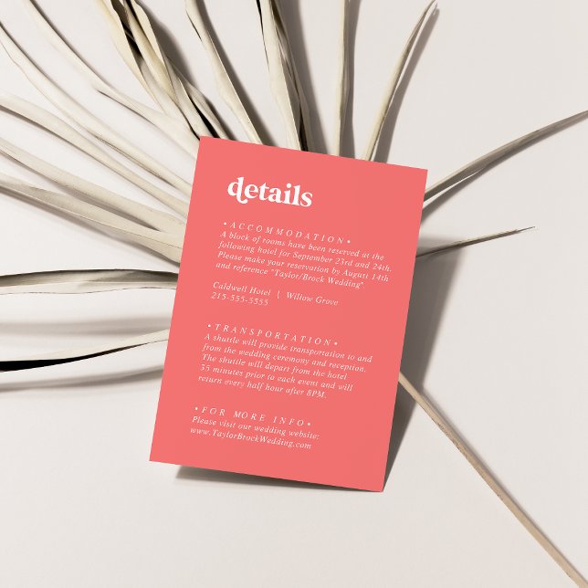 Cartão De Informações Retro Verão | Pormenores do Casamento Rosa Quente (Criador carregado)